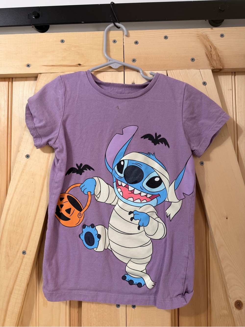 Disney Purple Stitch Glow in the Dark Mummy Halloween Tee with Orange Pumpkin